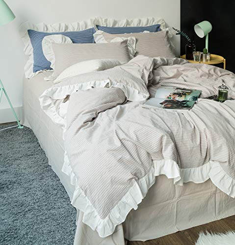 SUSYBAO Beige Ruffle Duvet Cover King 100% Washed Cotton Farmhouse Duvet Cover 3 Pieces Set 1 Striped Lace Duvet Cover with Zipper Ties 2 Pillow Shams Soft Vintage Romantic Ruffle Bedding Set - Image 3