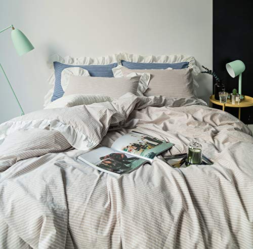 SUSYBAO Beige Ruffle Duvet Cover King 100% Washed Cotton Farmhouse Duvet Cover 3 Pieces Set 1 Striped Lace Duvet Cover with Zipper Ties 2 Pillow Shams Soft Vintage Romantic Ruffle Bedding Set - Image 4