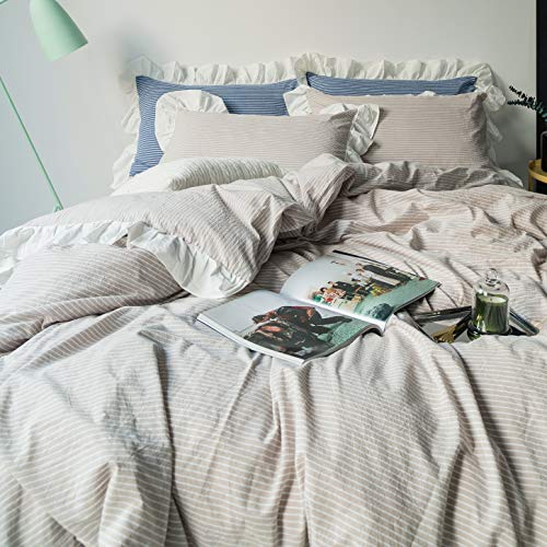 SUSYBAO Beige Ruffle Duvet Cover King 100% Washed Cotton Farmhouse Duvet Cover 3 Pieces Set 1 Striped Lace Duvet Cover with Zipper Ties 2 Pillow Shams Soft Vintage Romantic Ruffle Bedding Set - Image 2