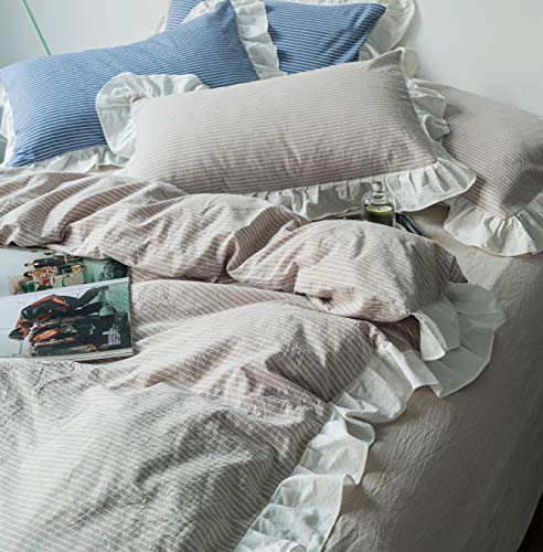 SUSYBAO Beige Ruffle Duvet Cover King 100% Washed Cotton Farmhouse Duvet Cover 3 Pieces Set 1 Striped Lace Duvet Cover with Zipper Ties 2 Pillow Shams Soft Vintage Romantic Ruffle Bedding Set - Image 5