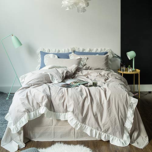 SUSYBAO Beige Ruffle Duvet Cover King 100% Washed Cotton Farmhouse Duvet Cover 3 Pieces Set 1 Striped Lace Duvet Cover with Zipper Ties 2 Pillow Shams Soft Vintage Romantic Ruffle Bedding Set - Image 1