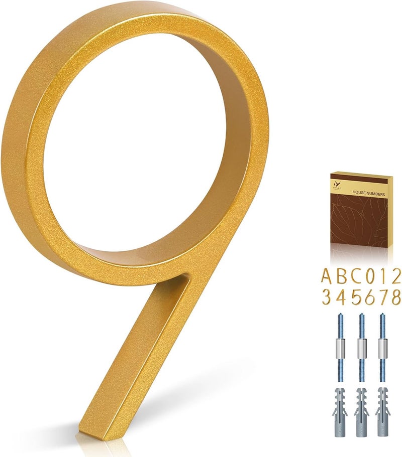 YIPLED 5 Inch House Numbers for Outside, Metal Address Number 9 - Modern Design, Weather-Resistant Gold Powder Coated Finish, No Fading (Gold) - Image 1