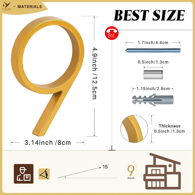 YIPLED 5 Inch House Numbers for Outside, Metal Address Number 9 - Modern Design, Weather-Resistant Gold Powder Coated Finish, No Fading (Gold) - Image 3
