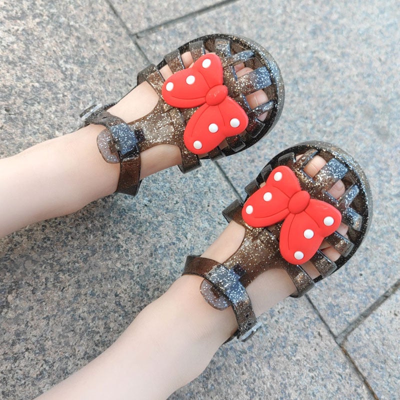 Summer Fashion Baby Jelly Sandals with Polka Dot Bow Black 