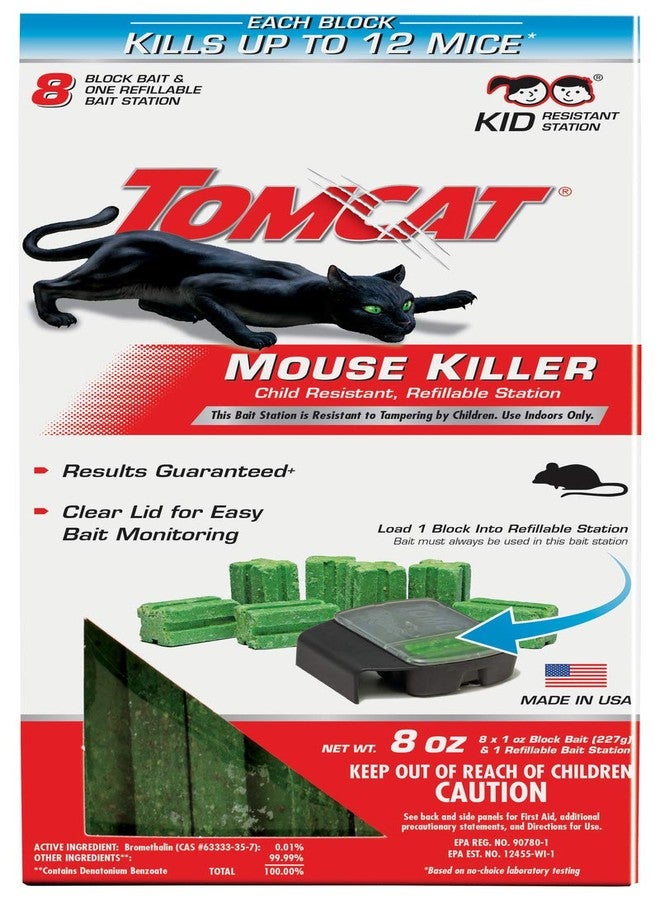 Tomcat Mouse Killer Refillable Bait Station for Indoor Use - Child Resistant, 1 Station with 8 Baits (Box)