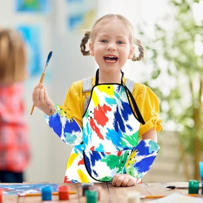 CHILDREN'S WATERPROOF ART APRON WITH POCKET AND SLEEVES, ADJUSTABLE GRAFFITI APRON FOR BOYS AND GIRLS, PERFECT FOR PAINTING, BAKING, AND WATER PLAY, AGES 5-8 - Image 3