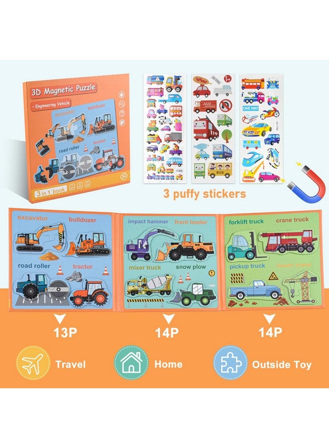 ASTARON 3D Magnetic Puzzle with 60 Puffy Stickers for Toddlers, 41 Pieces Construction Vehicles Toddler Puzzles Preschool Education Learning Travel Toys Car Plane Activities for Kids Quiet Time - Image 2