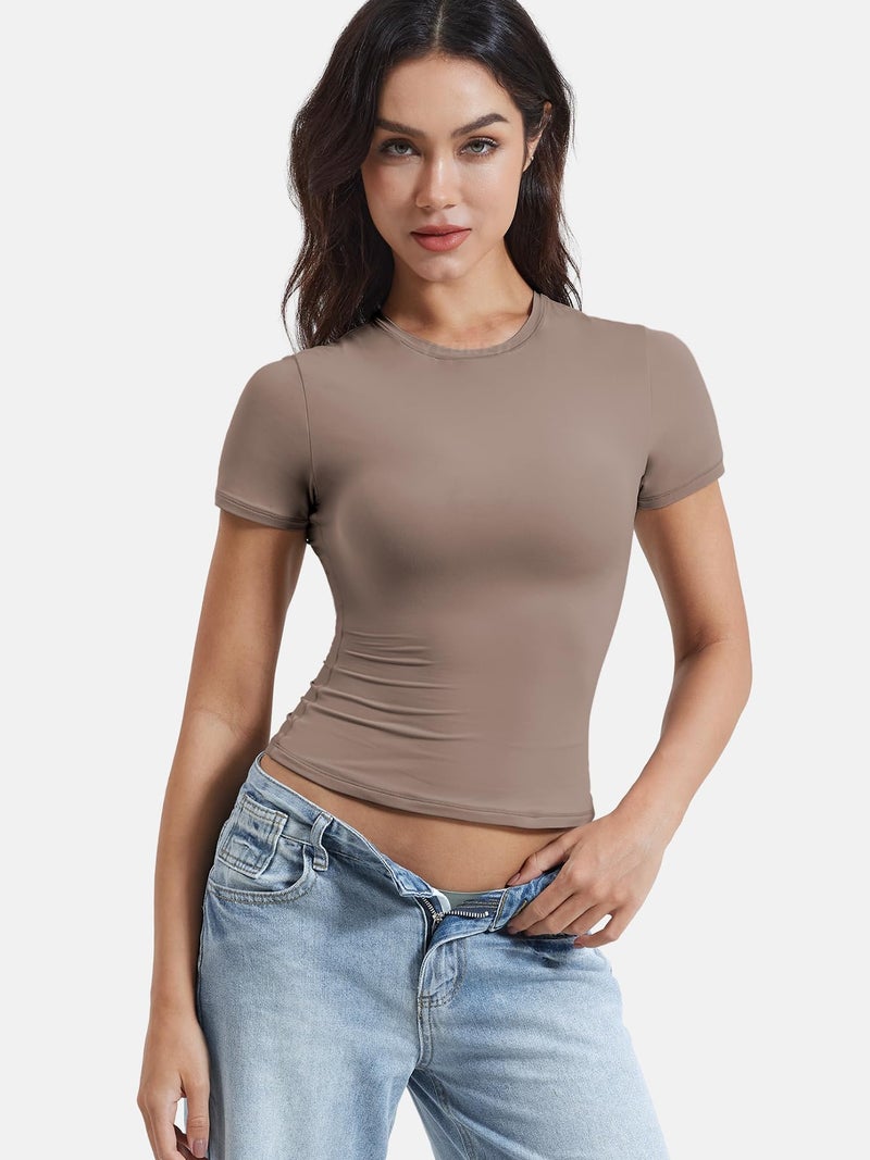 YEOREO Women Fitted Workout Tops Short Sleeve Double Lined Basic Y2K Going Out Crew Neck Compression Crop Top Brown M - Image 5