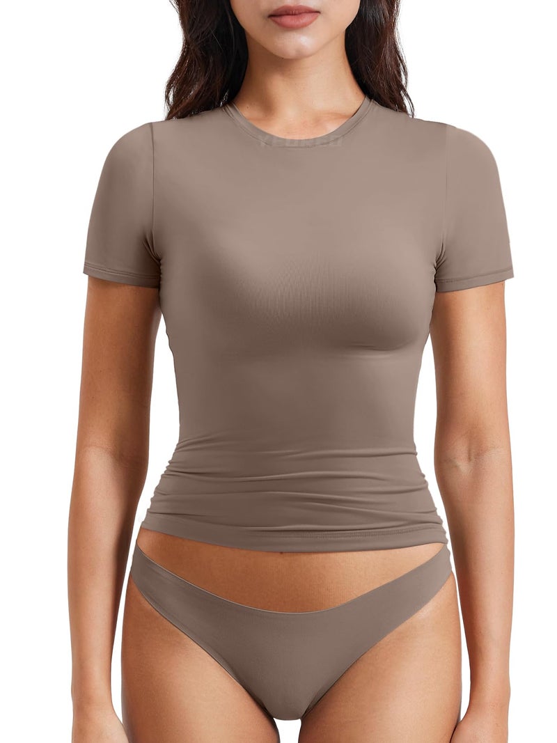 YEOREO Women Fitted Workout Tops Short Sleeve Double Lined Basic Y2K Going Out Crew Neck Compression Crop Top Brown M - Image 1