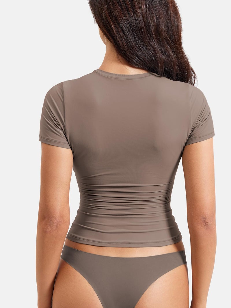 YEOREO Women Fitted Workout Tops Short Sleeve Double Lined Basic Y2K Going Out Crew Neck Compression Crop Top Brown M - Image 2
