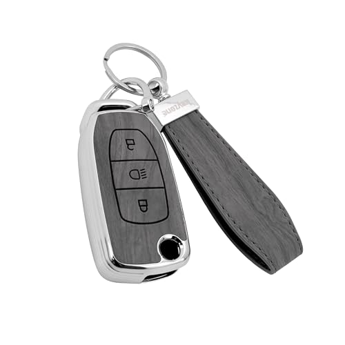 keyzone Woodgrain TPU Key Cover & Keychain for Tata Curvv, Nexon, Harrier, Safari, Punch, Altroz, Tiago, Tigor 3b Flip Key (Oak Grey) - Image 1