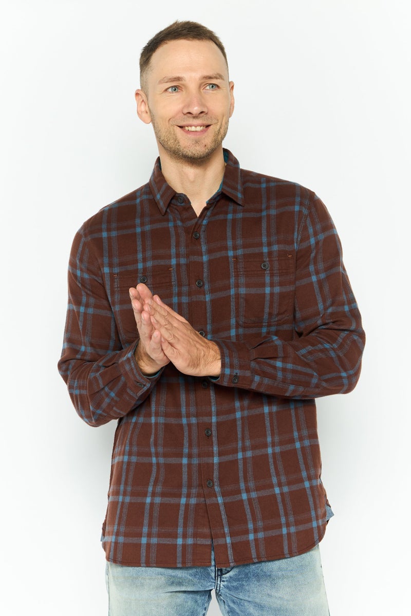 TRUE GRIT Men Regular Fit Long Sleeves Plaid Casual Shirt, Brown  - Image 1
