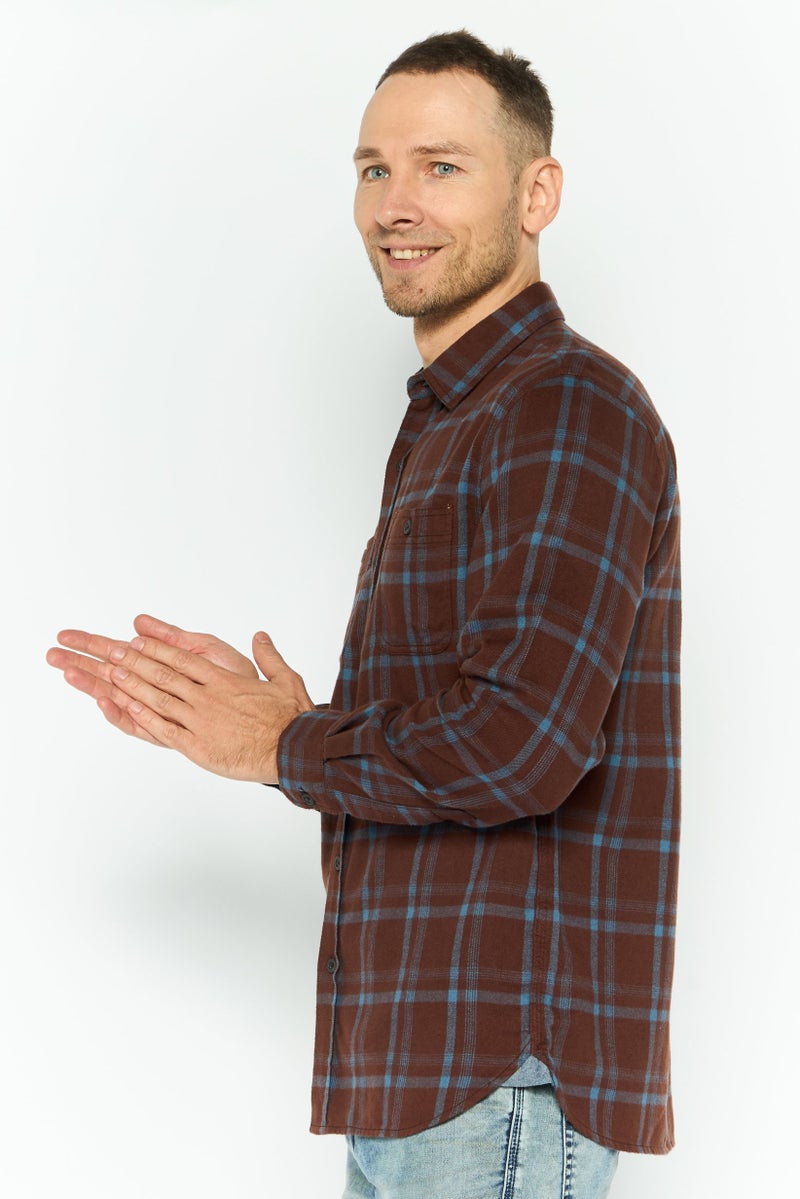 TRUE GRIT Men Regular Fit Long Sleeves Plaid Casual Shirt, Brown  - Image 3