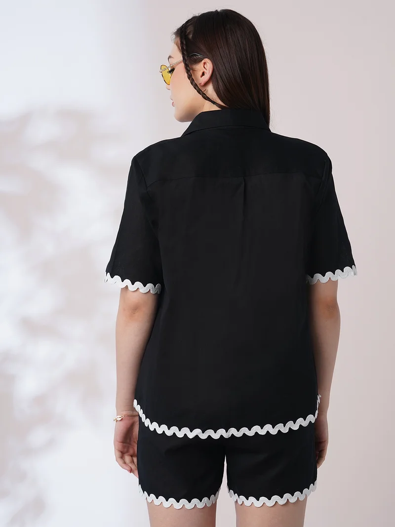 globus Women Black Collared Neck Lace Detailing Oversized Shirt With Shorts Co-Ords Set