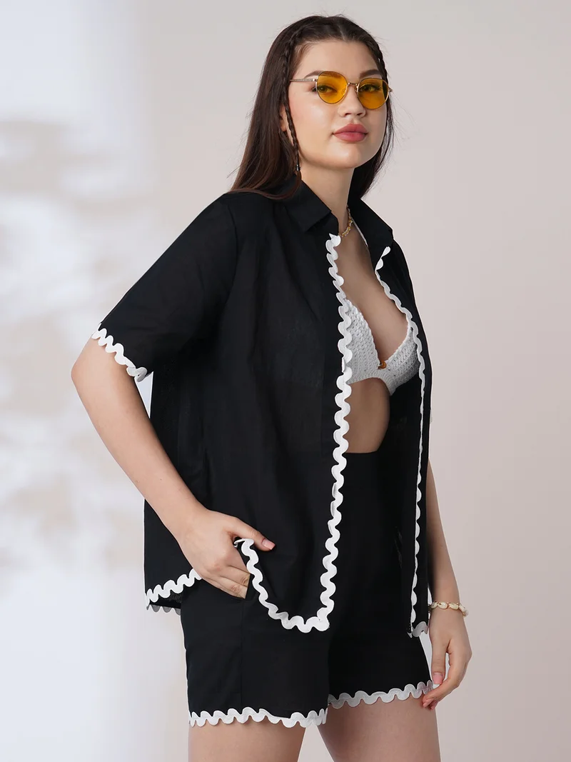 globus Women Black Collared Neck Lace Detailing Oversized Shirt With Shorts Co-Ords Set