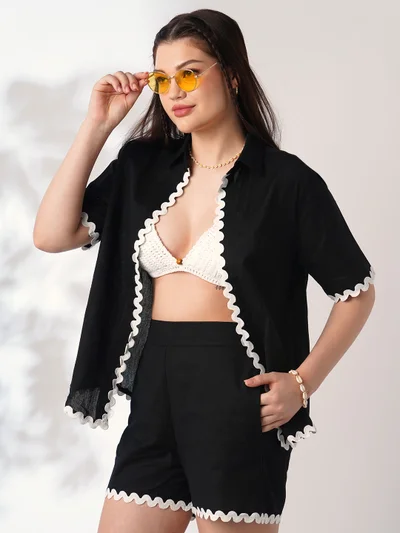 globus Women Black Collared Neck Lace Detailing Oversized Shirt With Shorts Co-Ords Set