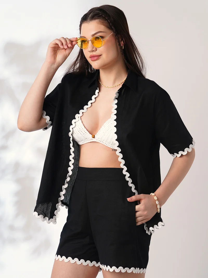 globus Women Black Collared Neck Lace Detailing Oversized Shirt With Shorts Co-Ords Set