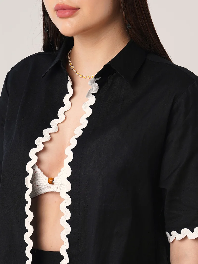 globus Women Black Collared Neck Lace Detailing Oversized Shirt With Shorts Co-Ords Set