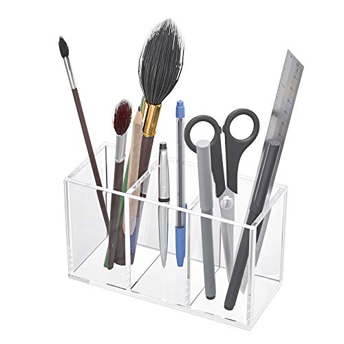 NIUBEE Acrylic Pen Holder 3 Compartments, Clear Pencil Organizer Cup for Countertop Desk Accessory Storage - Image 2