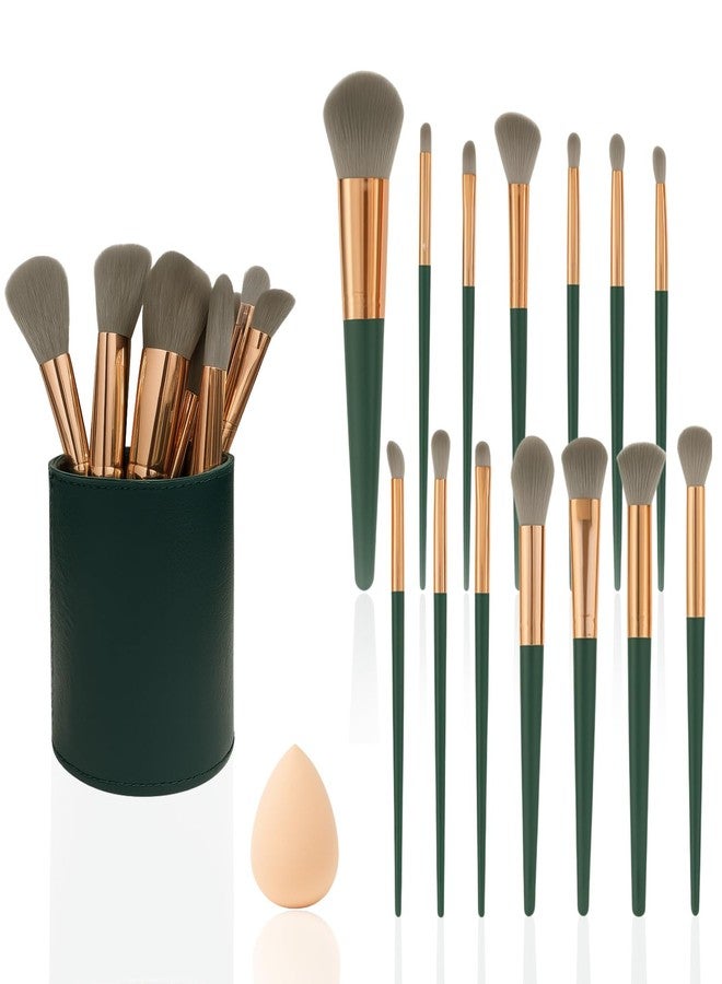 ANNACREATIONS ANNA's 14 Pcs Makeup Brush Set with Beauty Blender Sponge - Professional Face & Eye Cosmetic Brushes for Foundation, Blush, Contour, Eyeshadow - Soft Bristles, Green Handle - Image 1