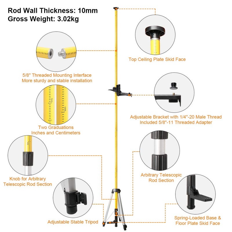 Huepar Huepar Laser Mounting Pole 3.7m/12ft for Rotary and Line Lasers, Laser Level Telescoping Pole with Tripod, Adjustable Mounting Clamp with 1/4"-20 Male Thread and 5/8"-11 Thread Adapter - LP36  - Image 2