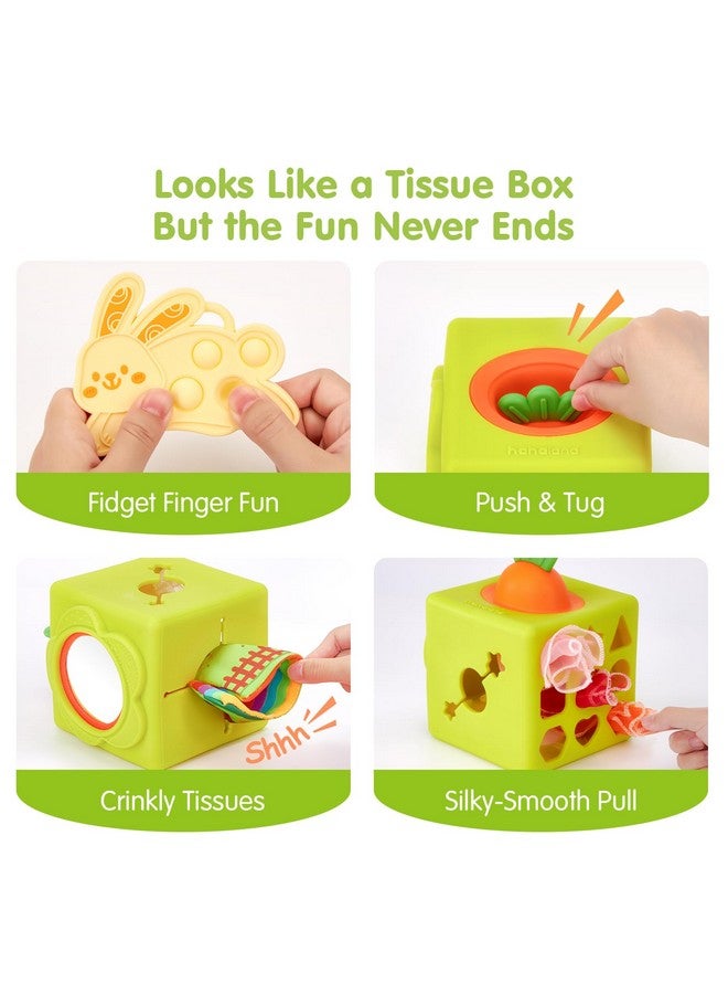 hahaland Baby Tissue Box Toy - Silicone Baby Toys 6-12 Months Montessori Toys for 6 Month Old, 6-in-1 Soft Busy Activity Cube with Scarves, Crinkle, Textures, Mirror, Sensory Popper, 12-18 Months Toy - Image 4
