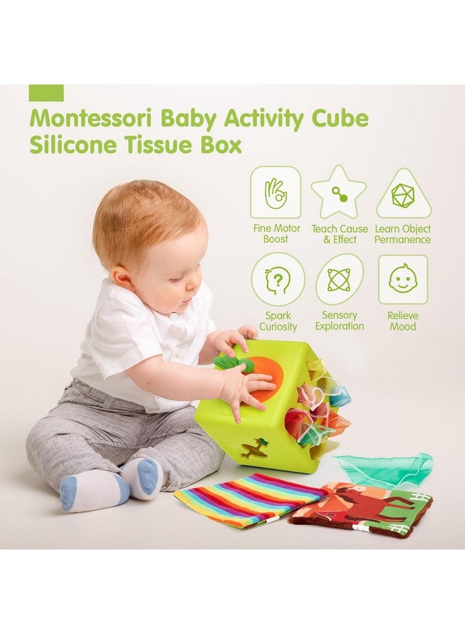 hahaland Baby Tissue Box Toy - Silicone Baby Toys 6-12 Months Montessori Toys for 6 Month Old, 6-in-1 Soft Busy Activity Cube with Scarves, Crinkle, Textures, Mirror, Sensory Popper, 12-18 Months Toy - Image 2