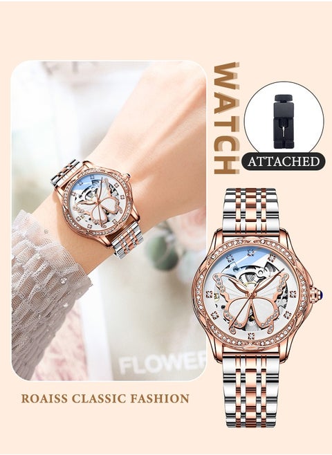 Women's Steel Strap Mechanical Watch Analog Display Round Dial Watch with Hollow Butterfly Pattern and Rhinestones Decoration Waterproof Luminous Watch as Gift for Ladies