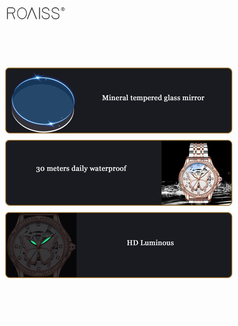 Women's Steel Strap Mechanical Watch Analog Display Round Dial Watch with Hollow Butterfly Pattern and Rhinestones Decoration Waterproof Luminous Watch as Gift for Ladies