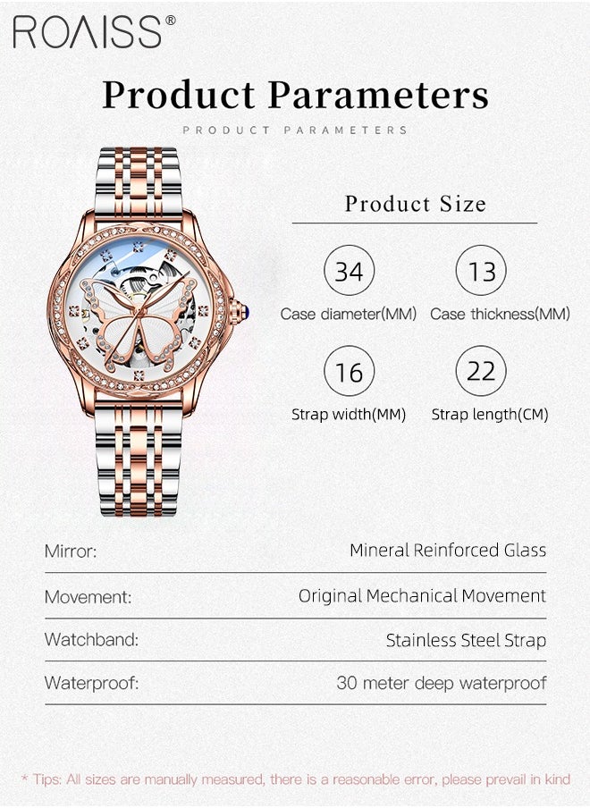 Women's Steel Strap Mechanical Watch Analog Display Round Dial Watch with Hollow Butterfly Pattern and Rhinestones Decoration Waterproof Luminous Watch as Gift for Ladies