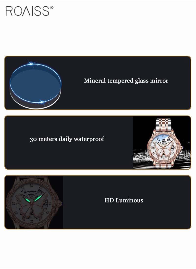 roaiss - Women's Steel Strap Mechanical Watch Analog Display Round Dial Watch with Hollow Butterfly Pattern and Rhinestones Decoration Waterproof Luminous Watch as Gift for Ladies - Image 1