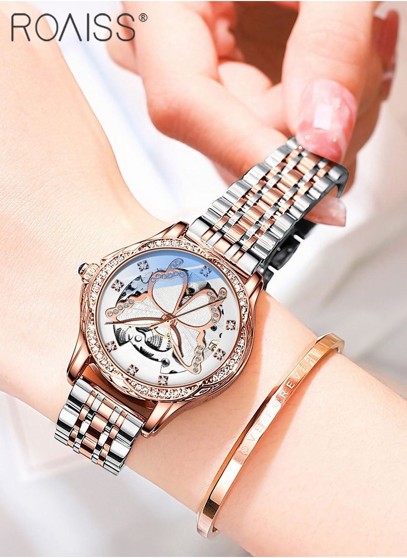 roaiss - Women's Steel Strap Mechanical Watch Analog Display Round Dial Watch with Hollow Butterfly Pattern and Rhinestones Decoration Waterproof Luminous Watch as Gift for Ladies - Image 1