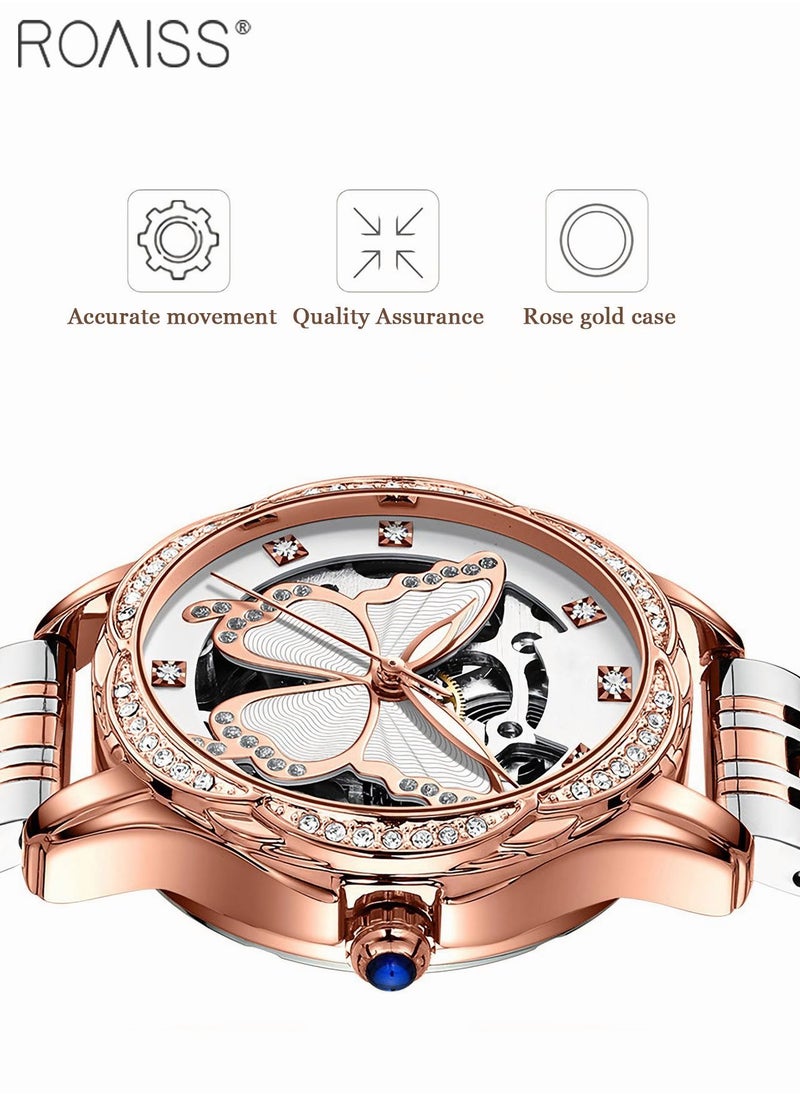 roaiss - Women's Steel Strap Mechanical Watch Analog Display Round Dial Watch with Hollow Butterfly Pattern and Rhinestones Decoration Waterproof Luminous Watch as Gift for Ladies - Image 1