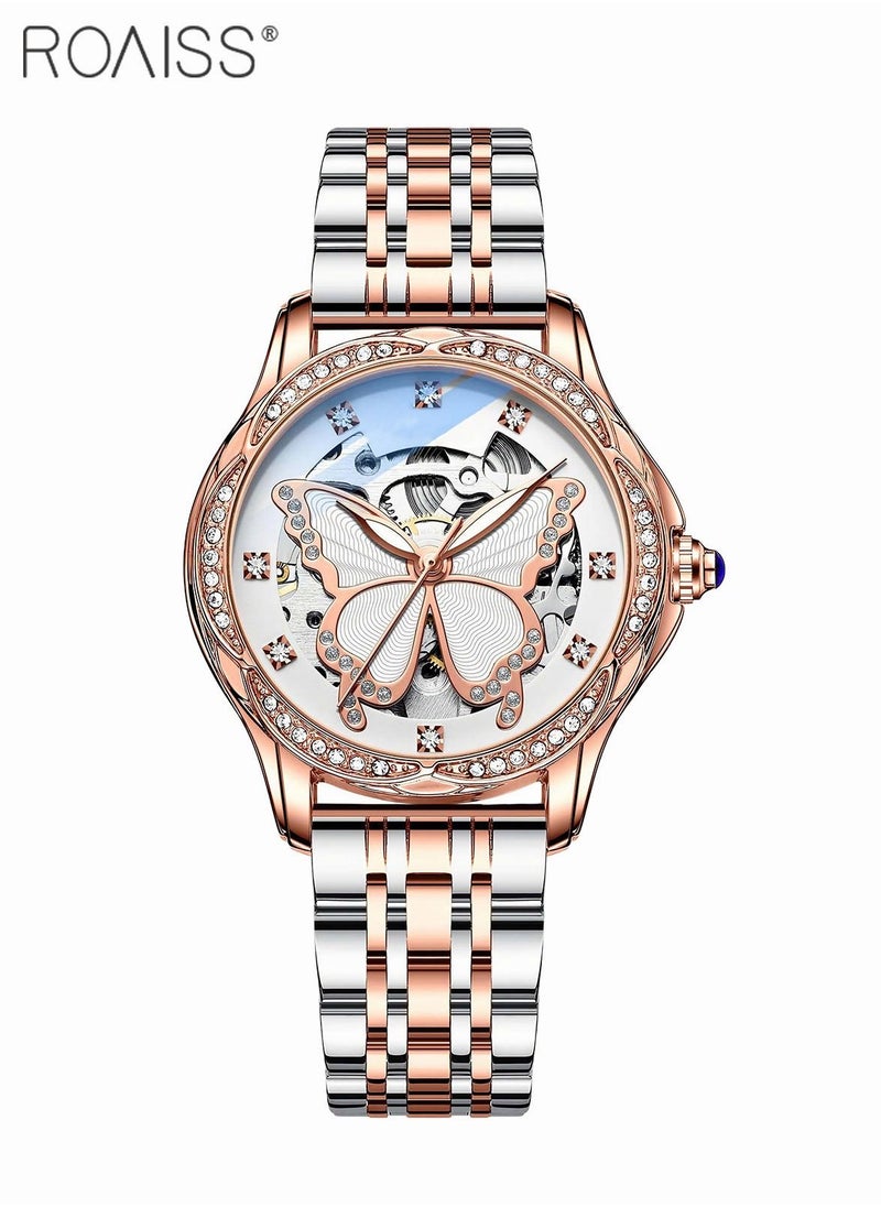roaiss - Women's Steel Strap Mechanical Watch Analog Display Round Dial Watch with Hollow Butterfly Pattern and Rhinestones Decoration Waterproof Luminous Watch as Gift for Ladies - Image 1