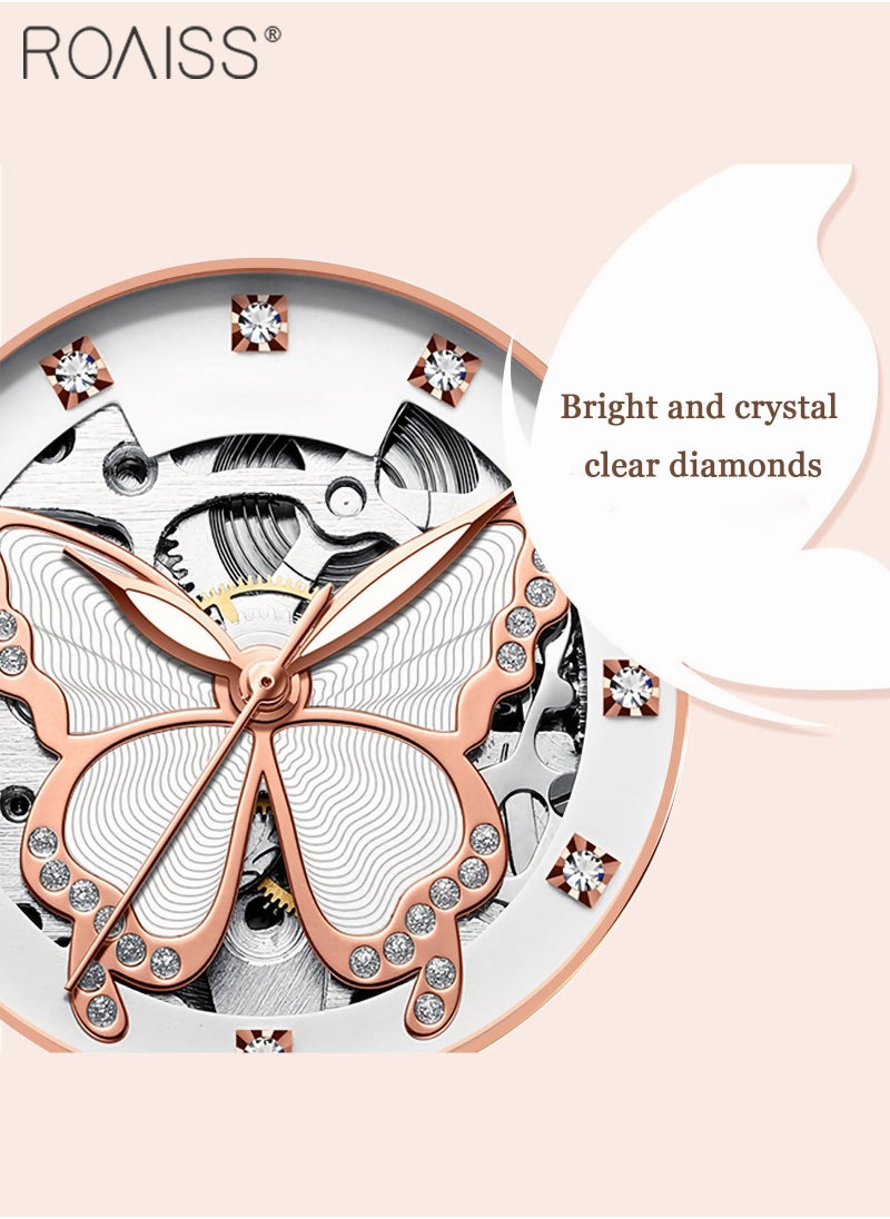 roaiss - Women's Steel Strap Mechanical Watch Analog Display Round Dial Watch with Hollow Butterfly Pattern and Rhinestones Decoration Waterproof Luminous Watch as Gift for Ladies - Image 1