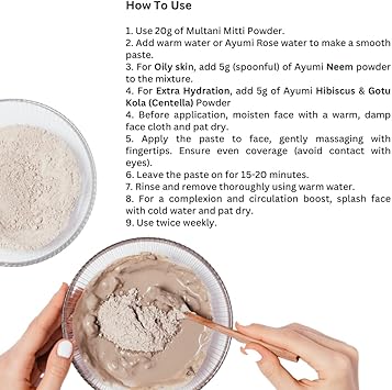 Ayumi Multani Mitti Powder for Face Masks Skincare Natural Skin Brightening Mask Deep Cleansing Face Mask Indian Healing Clay Facial Mask Bentonite Clay Organic Face Powder for Face Care 100g - Image 4