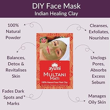 Ayumi Multani Mitti Powder for Face Masks Skincare Natural Skin Brightening Mask Deep Cleansing Face Mask Indian Healing Clay Facial Mask Bentonite Clay Organic Face Powder for Face Care 100g - Image 2