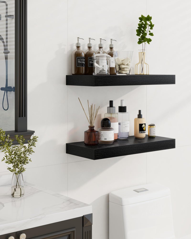 Marsmiles 30" Floating Shelves for Wall, Wooden Shelves with Invisible Brackets Set of 2, Rustic Farmhouse Wall Mounted Shelf for Kitchen Bathroom Living Room Study, Black - Image 2