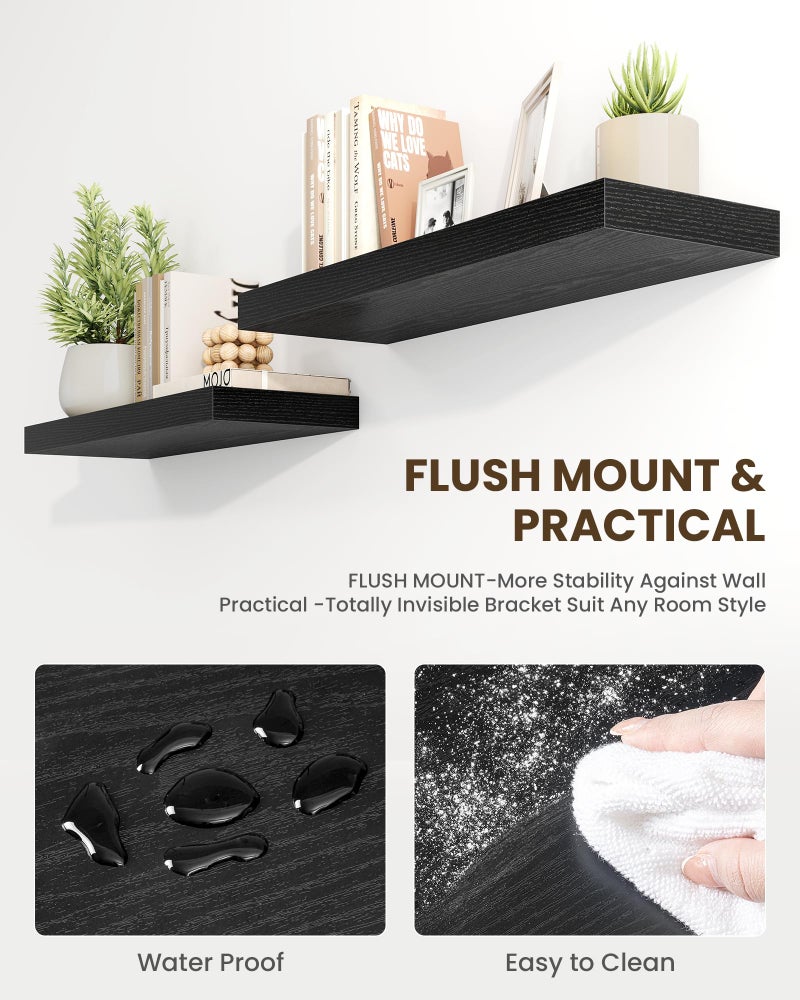 Marsmiles 30" Floating Shelves for Wall, Wooden Shelves with Invisible Brackets Set of 2, Rustic Farmhouse Wall Mounted Shelf for Kitchen Bathroom Living Room Study, Black - Image 3