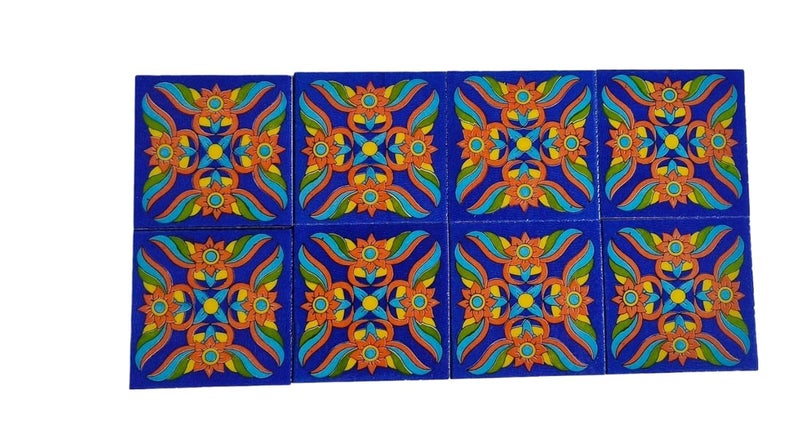 Shiv Kripa Blue Pottery Home Decor Handmade Tabletop Interior Exterior Flooring Wall Kitchen Washroom Tile Floral Decorative Mosaic Wall Tiles 3 x 3 Inch Set of 8 Tiles Blue Color