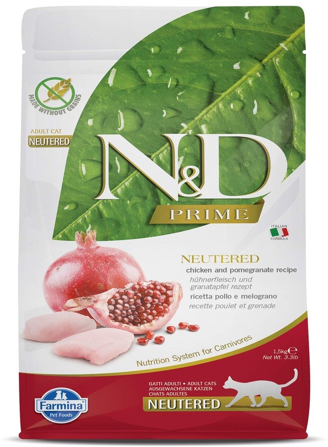 FARMINA N&D Prime Dry Cat Food, Neutered Adult, Grain-Free, 1.5-kg, Chicken and Pomegranate - Image 1