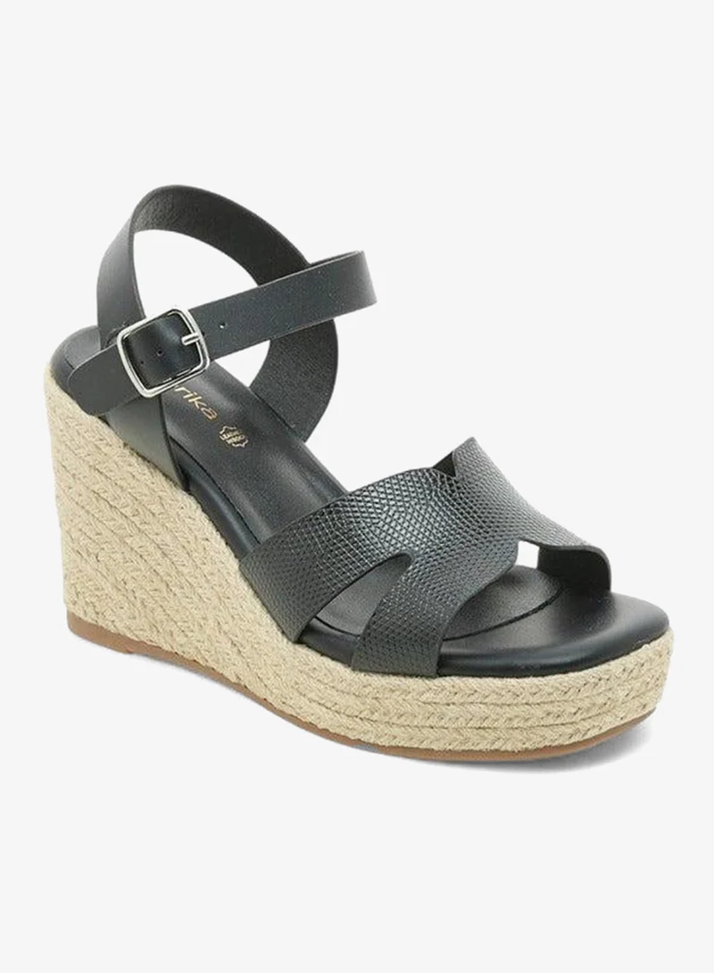 Paprika BLACK Women's Textured Wedge Heeled Sandals with Buckle Closure for Women | Best Price UAE