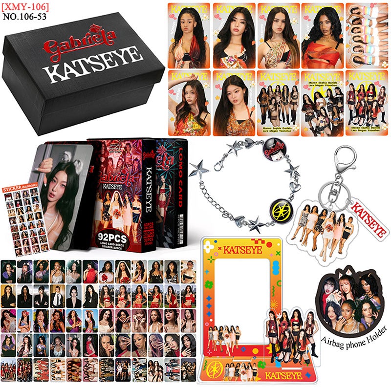 KATSEYE Inspired Gift Box Set – K-pop LOMO Cards + Zinc Alloy Bracelet + Standee + Photo Frame + Keychain + Card, Fan Merch Collectible Kit