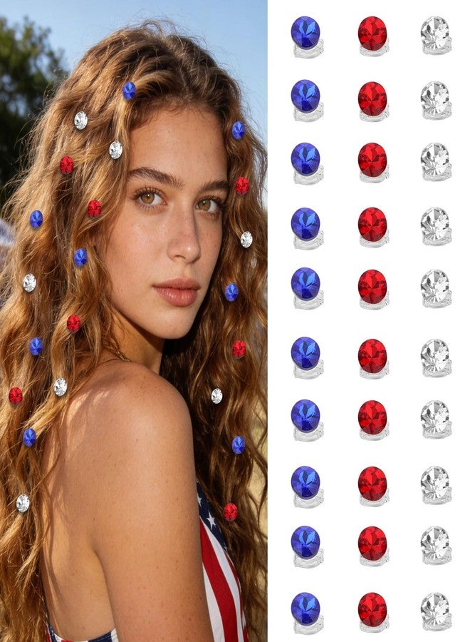 YISSION 30PCS 4th of July Mini Rhinestone Hair Clips, Red White Blue Patriotic Sparkly Hair Pins for Women & Girls, Non-Slip Barrettes for Festival & Daily Wear - Image 1