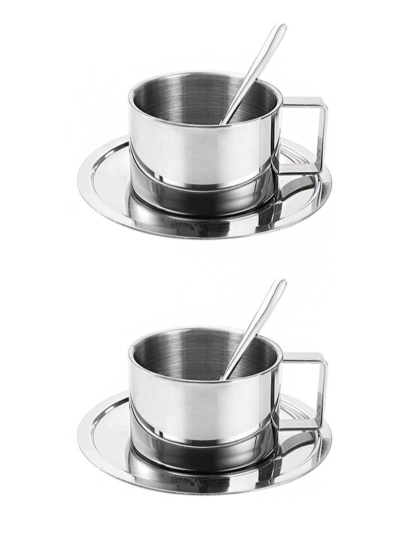 Aikanbo Stainless Steel Double Walled Espresso Coffee Cups Set 2 Pack 200ml with Saucer and Spoon for Latte Cappuccino Milk Tea Everyday Use - Image 1