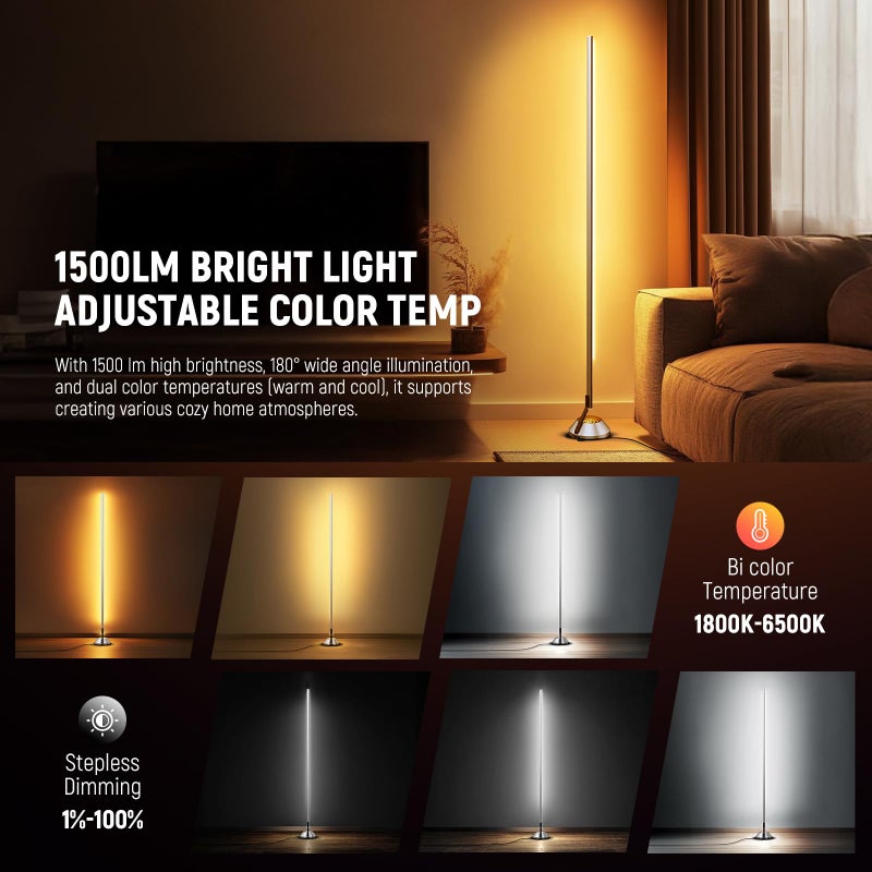 NEEWER Smart RGBW Floor Lamp, 1500lm LED Standing Corner Light Compatible with Alexa Google, APP Control/AI DIY/Music Sync/16 Million Colors, Ambience Lighting for Bedroom Living Room Home Decor, NF01 - Image 4