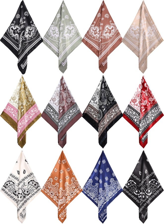 JaGely 12 Pcs 35" Satin Square Large Head Scarves Silk Like Neck Scarf Vintage Bandanas Satin Hair Scarf Neckerchief (Colorful Style) - Image 1