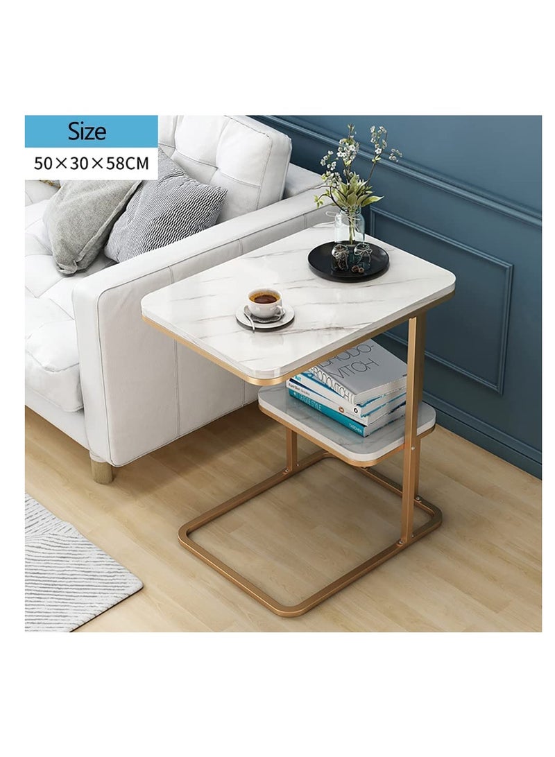 طاولة جانبية للمساحات الصغيرة بطابقين للكنبة والسرير لغرفة المعيشة وغرفة النوم بجانب السرير، سهلة الاستخدام على شكل حرف C (أبيض). - Image 1
