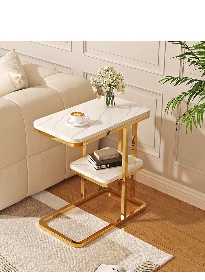 طاولة جانبية للمساحات الصغيرة بطابقين للكنبة والسرير لغرفة المعيشة وغرفة النوم بجانب السرير، سهلة الاستخدام على شكل حرف C (أبيض). - Image 2