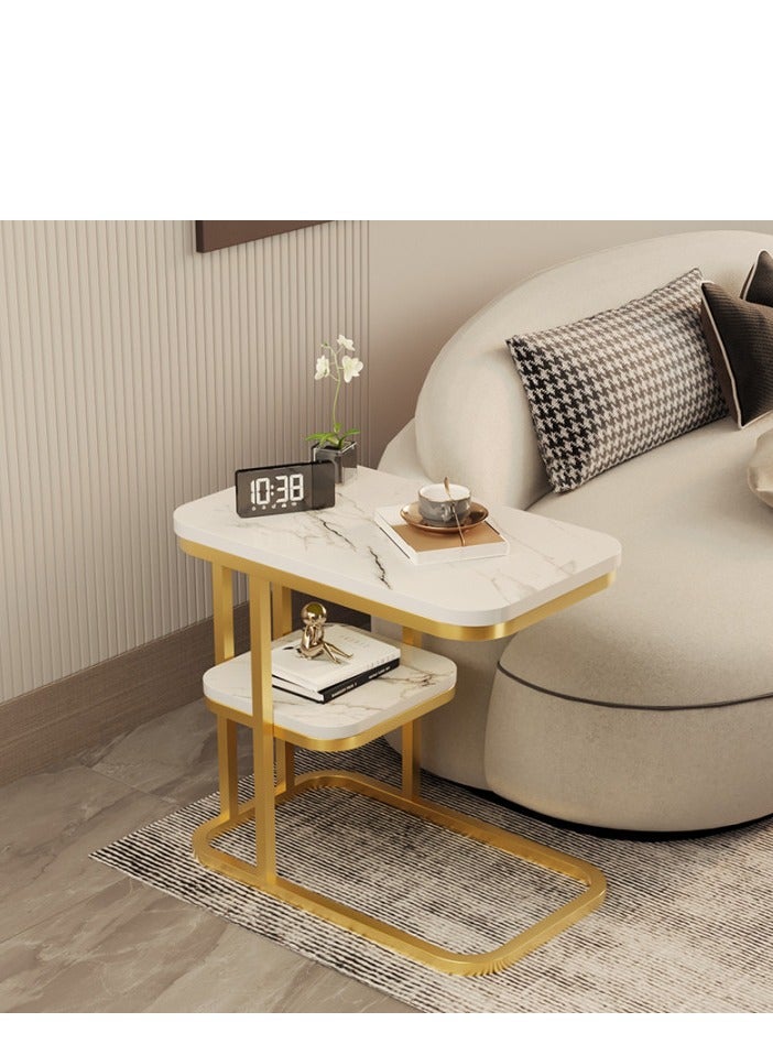 طاولة جانبية للمساحات الصغيرة بطابقين للكنبة والسرير لغرفة المعيشة وغرفة النوم بجانب السرير، سهلة الاستخدام على شكل حرف C (أبيض). - Image 3